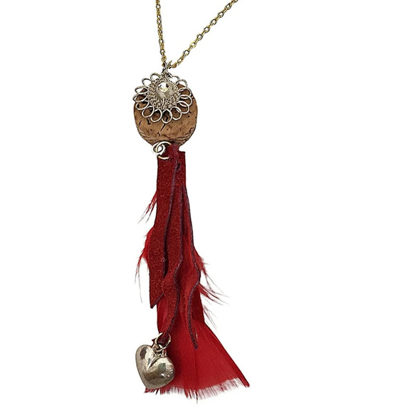 Hand Crafted Accessories - Handcrafted Wire Flower Heart Cork Red Suede Fringe Feather Necklace